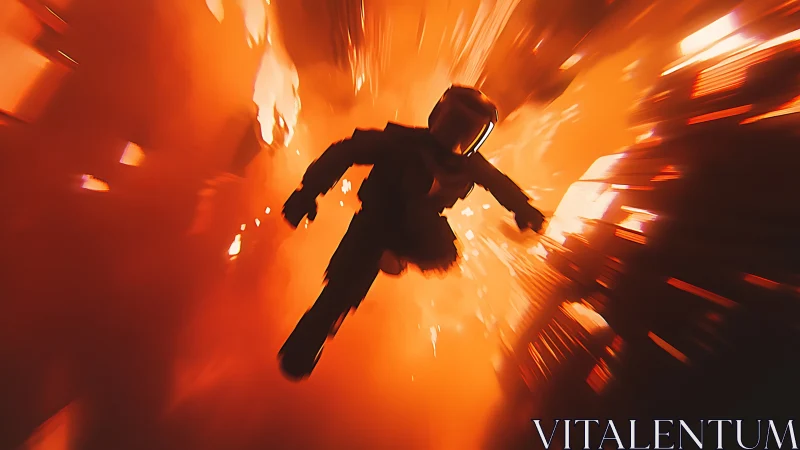 Silhouetted figure erupts through blazing orange inferno.
