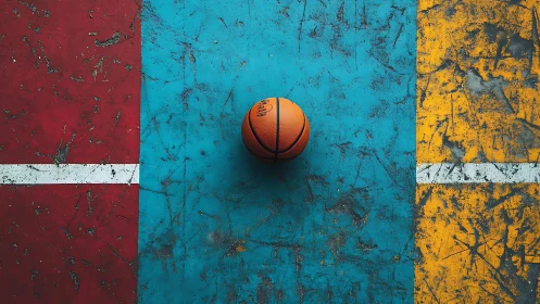 Basketball rests on gritty tricolor court in bold contrast
