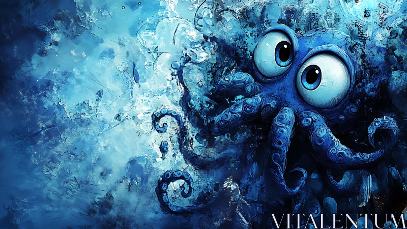 Wide-eyed blue octopus tumbles through a swirling sea dream.