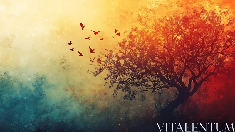 Silhouetted tree leans toward warm sky while birds ascend