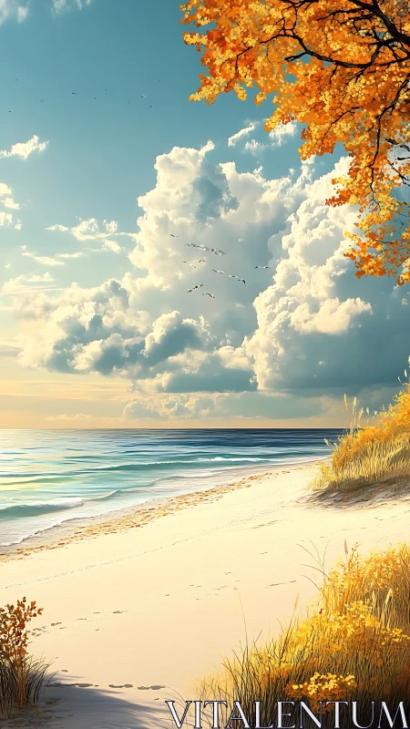 Autumn foliage above quiet sandy shoreline under clouds.