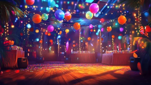 Vibrant tropical party hall glows under suspended neon balloons