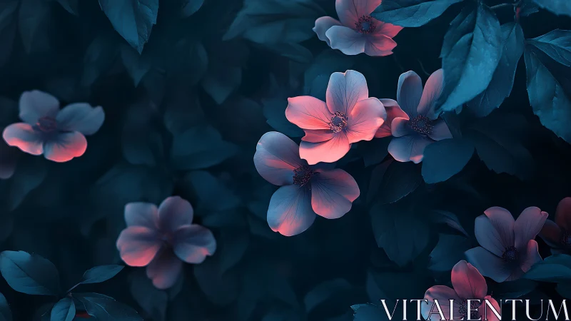 Luminescent Blooms in Deep Teal Foliage.