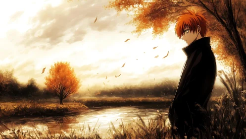 Autumn-lit riverbank with solitary anime figure under dynamic sky