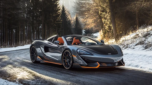 Carbon-fiber supercar on winter forest road, sunset gloss.