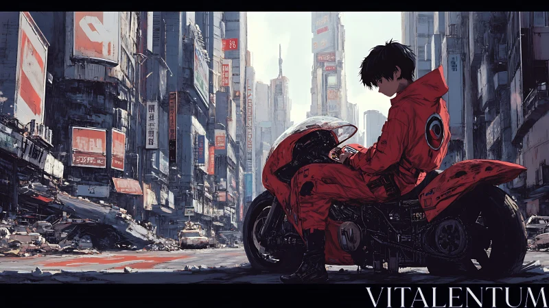 Solitary rider on red bike in dense ruined city street.