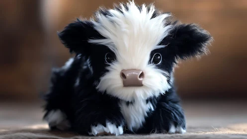 Plush baby cow toy with soft black and white fur.