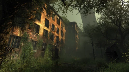 Abandoned brick apartment block stands in dense overgrown yard