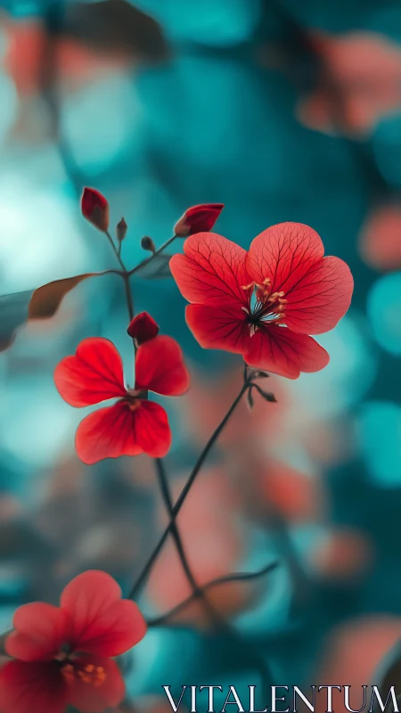 Shallow depth-of-field floral composition with vibrant red geranium petals against turquoise bokeh b