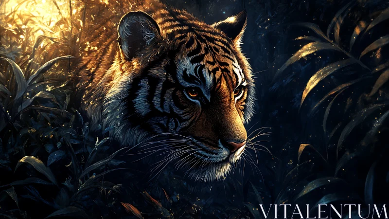 Tiger prowls through glowing jungle dusk in quiet focus