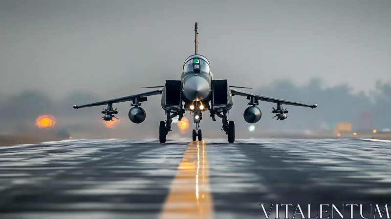 Modern fighter jet aligned on wet runway centerline.