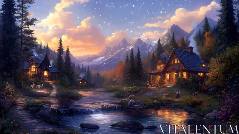 Twilight mountain cottages by river under star-filled sky