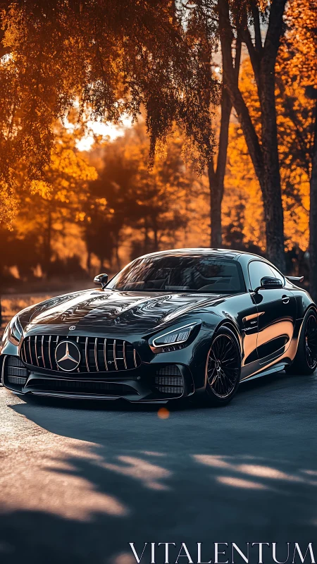 Midnight-black supercar glides through molten autumn light