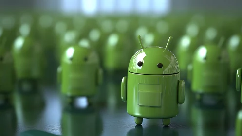Glossy green android hero amid softly blurred robot crowd.