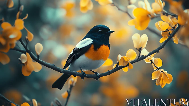 Vibrant songbird perched on blossoming branch, dreamy soft-focus style.