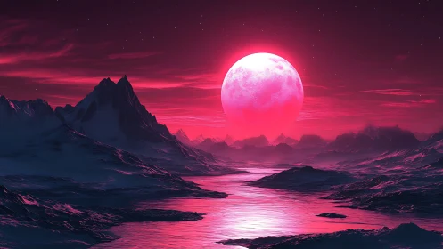 Luminous pink moonrise over frozen alien river valley.