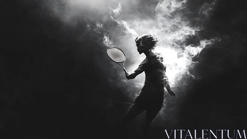 Silhouette tennis player in smoky monochrome lighting swings racket