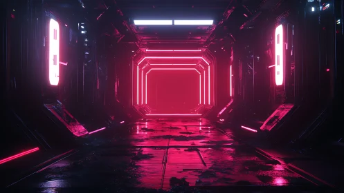 Neon sci fi corridor glows with reflective wet metal surfaces