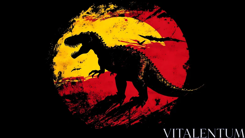 Silhouetted tyrannosaur against grunge sunset emblem.
