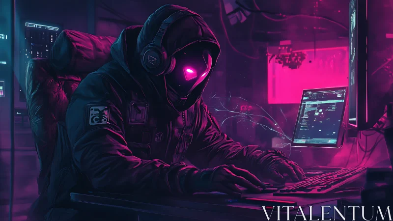 Hooded cyberpunk hacker operates dual monitors in neon light