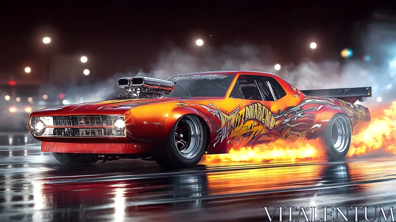 Blazing muscle car rockets down a wet night drag strip