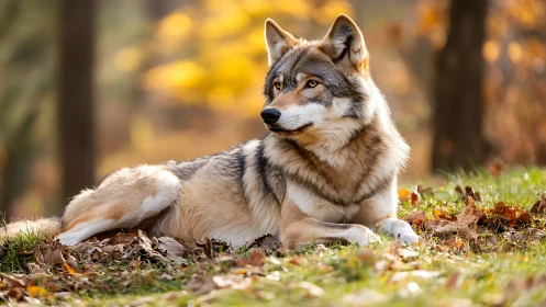 Autumn sentinel wolfdog lounging in amber forest hush.