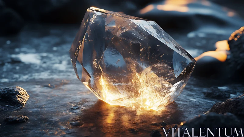 Crystal shard glows softly on wet volcanic ground at dusk