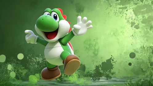 Green cartoon dinosaur character in dynamic 3D pose.