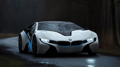 White concept sports car is positioned on a damp forest road