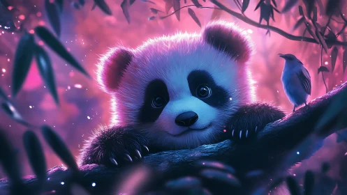 Moonlit baby panda daydreaming with a secret bird friend.