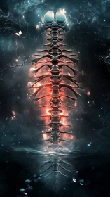 Surreal spinal column glowing through dark cosmic water.