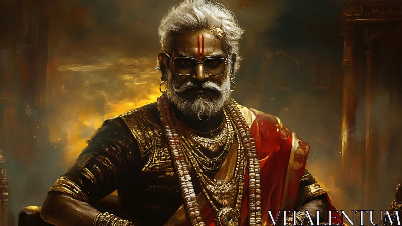 Regal elder priest in gilded attire with dramatic temple lighting