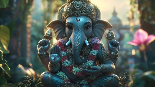 Ganesha statue with garland in lush temple garden.