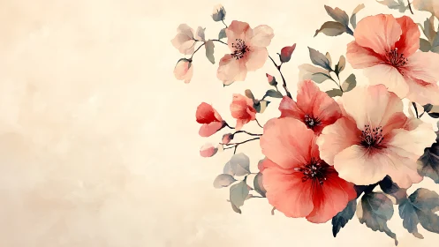 Blush Blooms Cascade: Watercolor Petals Dance Against Cream