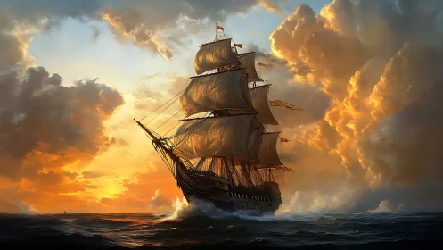 Tall ship cuts stormlit sea under blazing golden sky.