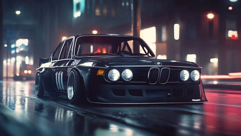 Photorealistic low-slung racer in neon-soaked urban nightscape.