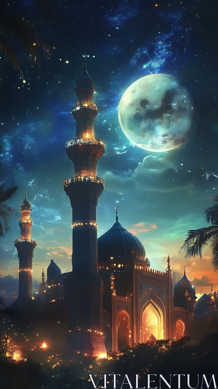 Luminous domed mosque under oversized moon with cinematic rim lighting