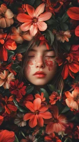 Chromatic floral immersion encasing a serene juvenile visage.
