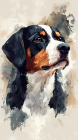 Tri-color dog portrait in expressive digital brushwork.