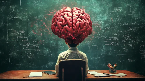 Curious student with a giant brain explores ideas at the desk.