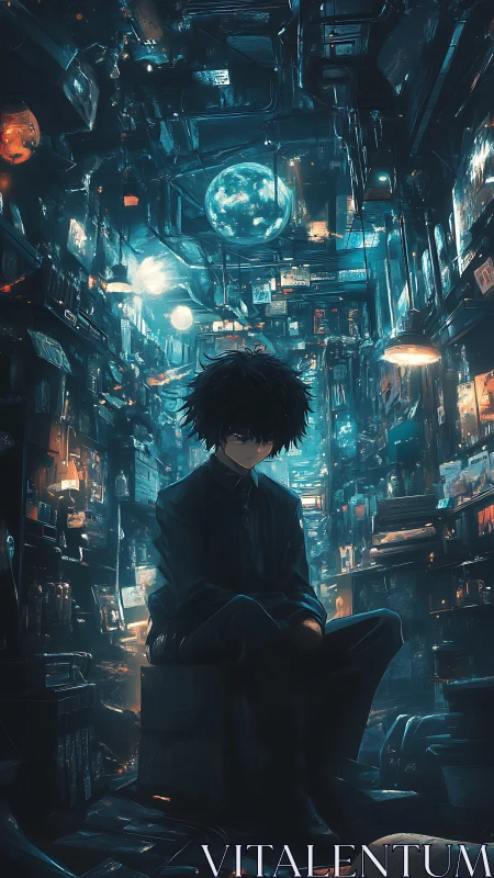 Solitary figure in dense cybernetic archive corridor at night.