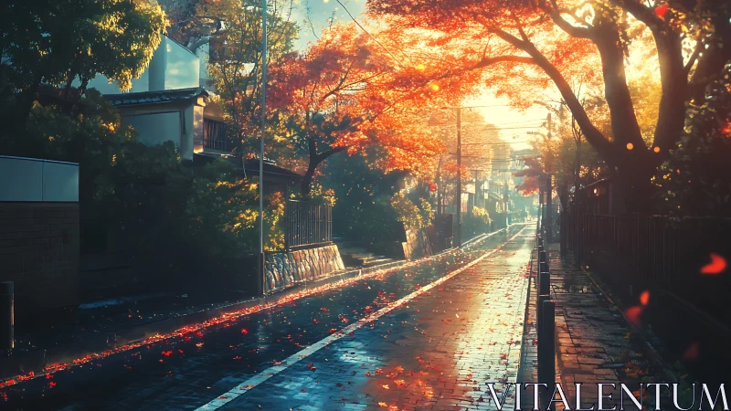 Digital painting of sunlit rainy autumn street perspective.