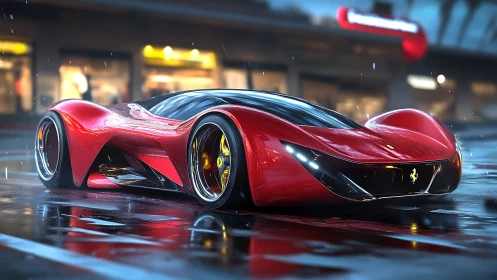 Red futuristic sports car on wet urban street at night.
