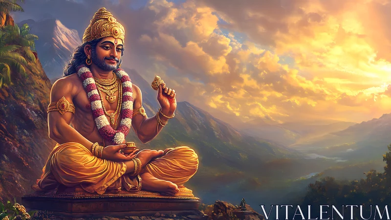 Golden mountain sage gazes over sunrise-bathed valley realm.