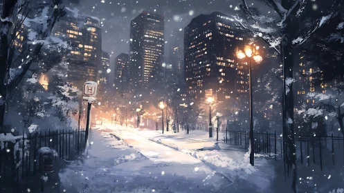 Nocturnal urban snowfall with luminous arterial boulevard.