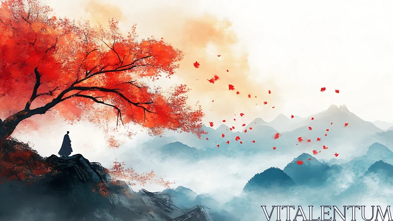 Solitary robed figure surveys misty valley beneath crimson tree