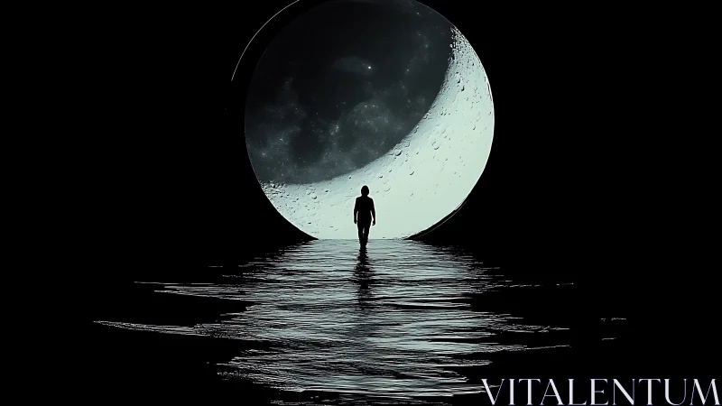 Solitary figure crossing lunar gateway over dark waters.