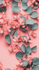 Digital botanical panel with teal foliage and coral blooms.