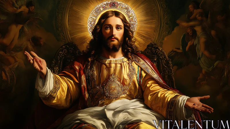 Radiant Christ figure extends blessing in luminous golden glory