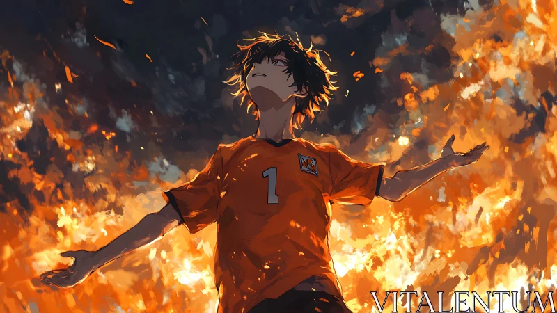 Teen soccer player stands before abstract surrounding flames